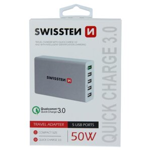 Rychlonabíječka Swissten Smart IC 50W s podporou QuickCharge 3.0 a 5 USB konektory, bílá