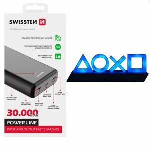 Swissten Power Line Powerbank 30 000 mAh 20W, PD, black + Playstation 5 Icons Light USB
