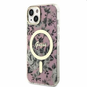 Pouzdro Guess PC/TPU Flowers IML MagSafe for Apple iPhone 13, růžové