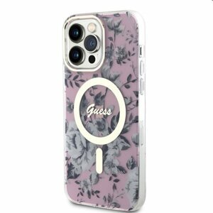Pouzdro Guess PC/TPU Flowers IML MagSafe for Apple iPhone 13 Pro, růžové