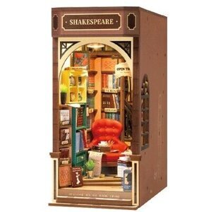 Stavebnice RoboTime miniatura domečku Knihkupectví, zarážka na knihy, dřevěná, LED - TGB07