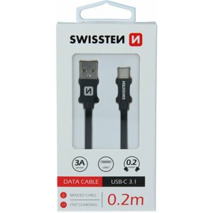 SWISSTEN datový kabel USB - USB-C, M/M, 3A, opletený, 0.2m, černá - 71521101