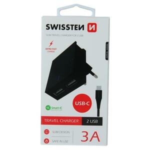 Swissten síťový adaptér smart IC 2X USB 3A power + datový kabel USB / Type C 1,2 M, černý; 22044000