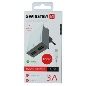 Swissten síťový adaptér smart IC 2X USB 3A power + datový kabel USB / Type C 1,2 M, bílý; 22043000