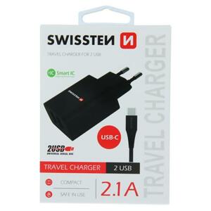 Swissten síťový adaptér smart IC 2X USB 2,1A power + datový kabel USB / Type C 1,2 M, černý; 22054000