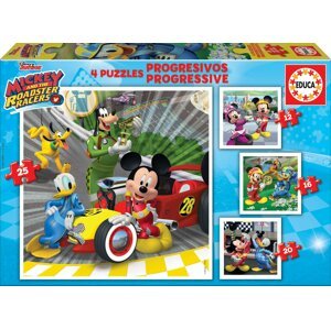 EDUCA Puzzle Mickey a závodníci 4v1 (12,16,20,25 dílků); 123419