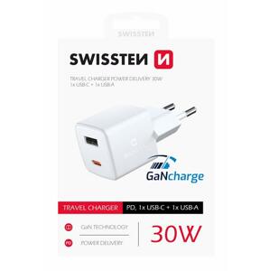 Swissten mini síťový adaptér GaN 1x USB-C + 1xUSB 30W power delivery; 22056100